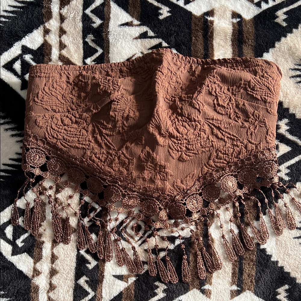 SHEIN Brown Lace Fringe Tube Top